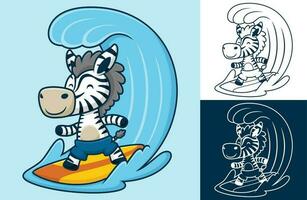 rolig zebra surfing i stor Vinka. vektor tecknad serie illustration i platt ikon stil