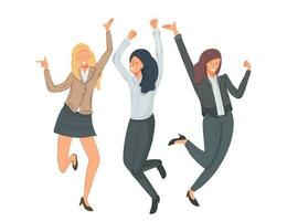 Gruppe von glücklich Frauen Springen zum Freude Vektor Illustration. Geschäft Frauen feiern Sieg.