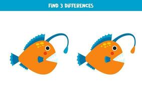 hitta 3 skillnader mellan två söt fiskare fisk. vektor