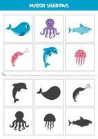hitta skuggor av söt hav djur. kort för ungar. vektor