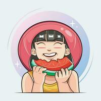 Hallo Sommer. süß Mädchen Essen Wassermelone Vektor Illustration Profi herunterladen