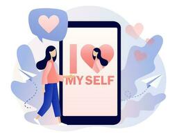 jag kärlek jag själv - text på smartphone skärm. kärlek själv. kärlek din kropp. kroppspositiv begrepp. mycket liten lady uttrycker själv kärlek och vård. modern platt tecknad serie stil. vektor illustration