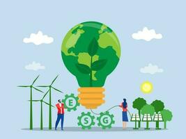 esg Konzept von Umwelt, Sozial und Führung Menschen Teilen das Planet Erde Ausrüstung mit Ökologie Problem esg verlängerbar, Grün, sicher Grün Öko Energie Umwelt Vektor