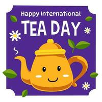 Design zum International Tee Tag mit süß Karikatur Teekanne Illustration vektor