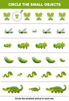 Bildung Spiel zum Kinder Kreis das kleinste Objekt im jeder Reihe von süß Karikatur Frosch Libelle Leguan Raupe Schlange Krokodil druckbar Tier Arbeitsblatt vektor