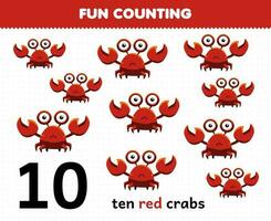 utbildning spel för barn roligt räkning söt tecknad serie tio röd krabbor tryckbar djur- kalkylblad vektor