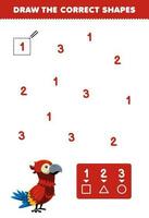 utbildning spel för barn hjälp söt tecknad serie papegoja dra de korrekt former enligt till de siffra tryckbar djur- kalkylblad vektor