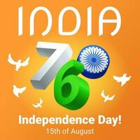 Indien Unabhängigkeit Tag Gruß Karte, 76 .. Jahrestag von Unabhängigkeit von Indien, 15 .. August Tag Einladung, Vektor Postkarte.