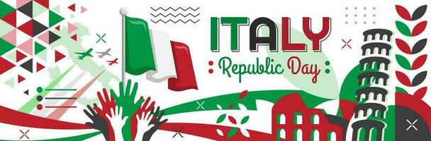 Italien National Tag Banner Design. Republik Tag von Italien oder Italien Hintergrund Design mit Karte, Flagge, Wahrzeichen. Italienisch Grün Weiß rot Thema geometrisch abstrakt retro modern Vektor Illustration