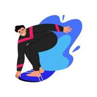 manlig karaktär surfing. surfare stående på surfingbräda i Vinka. platt vektor illustration på vit bakgrund.