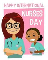 design för internationell sjuksköterskor dag med illustration av sjuksköterska med glasögon ser leende söt tecknad serie vektor