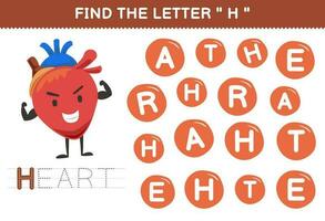 Bildung Spiel zum Kinder finden das Brief c mit süß Karikatur Herz druckbar Anatomie Arbeitsblatt vektor