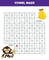 Bildung Spiel zum Kinder Vokal Matze Hilfe süß Karikatur Affe Bewegung zu Banane druckbar Tier Arbeitsblatt vektor