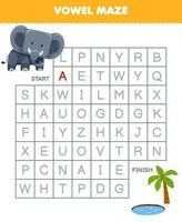 utbildning spel för barn vokal labyrint hjälp söt tecknad serie elefant flytta till damm och träd tryckbar djur- kalkylblad vektor