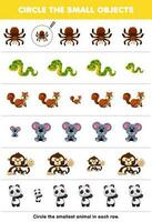 Bildung Spiel zum Kinder Kreis das kleinste Objekt im jeder Reihe von süß Karikatur Spinne Schlange Eichhörnchen Koala Affe Panda druckbar Tier Arbeitsblatt vektor