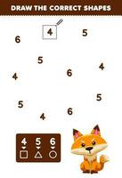 utbildning spel för barn hjälp söt tecknad serie räv dra de korrekt former enligt till de siffra tryckbar djur- kalkylblad vektor