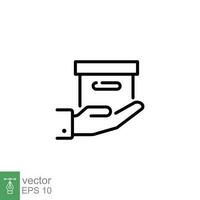 Hand halten Paket Symbol. einfach Gliederung Stil. Box im Hand Palme, tragen, geben Konzept. dünn Linie Symbol. Vektor Symbol Illustration isoliert auf Weiß Hintergrund. eps 10.