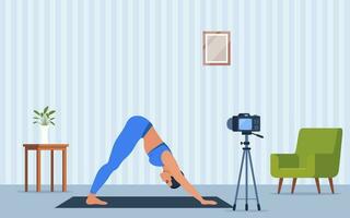 weiblich Charakter tun Yoga Übungen beim Zuhause Aufzeichnung Video mit Kamera auf Stativ. Sozial Netzwerk bloggen, gesund Lebensstil Konzept. Sport zittern. Vektor Illustration.