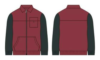 två tona Färg lång ärm jacka med ficka och dragkedja teknisk mode platt skiss vektor illustration mall främre och tillbaka visningar