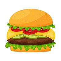 Hamburger mit Kotelett, Kopfsalat, Käse, Tomaten, Gurken. Cheeseburger. schnell Straße Essen, Snack. fettig, viele Kalorien Lebensmittel. eben Karikatur Stil, isoliert auf Weiß Hintergrundfarbe Vektor Illustration