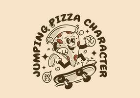 Jahrgang Maskottchen Charakter von Pizza Springen auf Schlittschuh Tafel vektor