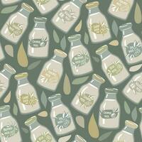 ein Muster von Glas Flaschen mit Gemüse Milch Etiketten. Kokosnuss, Mandeln, Soja, Nussbaum, Reis, Haferflocken, usw. Vektor Hintergrund zum Drucken auf Textilien und Papier. Geschäft, Marketing, Vegetarier