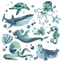 en uppsättning med hav djur. söt abstrakt djur i blå toner simma i isolering på en vit bakgrund. samling av klistermärken på de tema av marin djur. haj, bläckfisk, sköldpadda, sjöhäst, täta, etc vektor