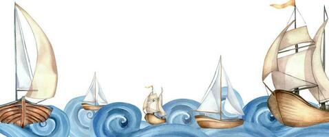 styrelse av segling fartyg på vågor vattenfärg illustration isolerat på vit bakgrund. segelbåt på virvlande vågor, fartyg hand ritade. barnslig design, element för kille, Pojkar rum, tryckt Produkter vektor