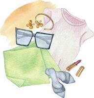 Poster von T-Shirt, Rock, Sonnenbrille, Lippenstift Aquarell Illustration isoliert auf Weiß. Frau Sommer- Outfit Komposition Hand gezeichnet. Design zum Geschäft, Verkauf, Zeitschrift, Verpackung, Vitrine, Muster vektor