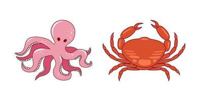 hav varelser illustration. krabba och bläckfisk isolerat på vit bakgrund. vektor