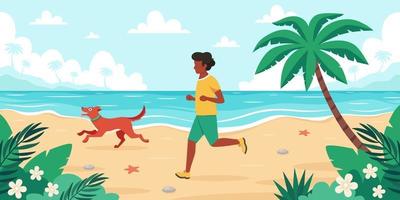 fritid på stranden. svart man joggar med hund. sommartid. vektor illustration