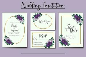 bröllopsinbjudan ram set, blommig akvarell digital handritad lila pion blomma design inbjudningskort mall vektor
