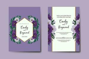 Hochzeitseinladungs-Rahmen-Set, Blumenaquarell digitale handgezeichnete lila Pfingstrose Blumen-Design-Einladungskarten-Vorlage vektor