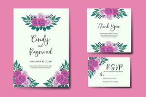 bröllop inbjudan ram uppsättning, blommig vattenfärg digital hand dragen lila anemon blomma design inbjudan kort mall vektor