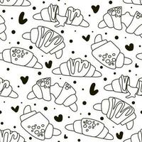 Croissant Muster Design Kontur Illustration mit Punkte und Linien. Backen Hintergrund mit Croissant und Flecken. nahtlos Muster mit farbig Croissants und Herzen und Punkte Dekor auf ein Weiß Hintergrund vektor