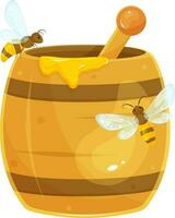 Vektor Illustration von ein Fass von Honig, Bienen Sitzung auf ein hölzern Fass von Honig, fliegend um