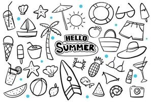 Hallo Sommer- Gekritzel auf Weiß Hintergrund. Sommer- Hand gezeichnet Symbole und Objekte. vektor