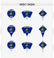 Wisconsin flagga, uppsättning av plats stift ikoner av Wisconsin flagga. vektor