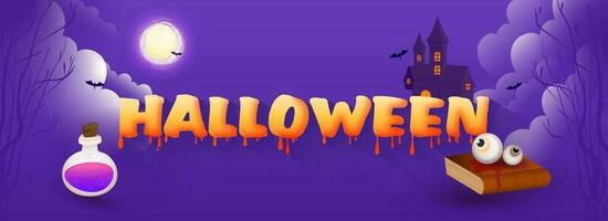 droppande halloween text med besatt hus, magi trolldryck, öga bollar och bok på lila full måne bakgrund. vektor