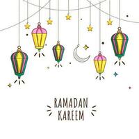 ramadan kareem affisch design dekorerad med arabicum lyktor, halvmåne måne, stjärnor hänga på vit bakgrund. vektor