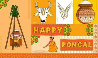 glücklich pongal Feier Hintergrund mit Süd indisch Frau, traditionell Gericht Kochen beim Lagerfeuer, Kuh oder Stier Gesicht und Zuckerrohr. vektor