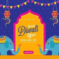 Diwali Verkauf Poster Design mit Karikatur Elefanten, Laternen hängen auf Blau und Gelb Hintergrund. vektor