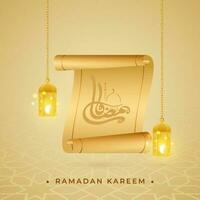 Ramadan kareem Kalligraphie mit scrollen Papier und hängend zündete Laternen auf golden islamisch Muster Hintergrund. vektor