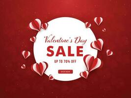 Valentinstag Tag Verkauf Poster Design mit Rabatt Angebot, Papier Schicht Schnitt Herzen auf Weiß und rot Hintergrund. vektor