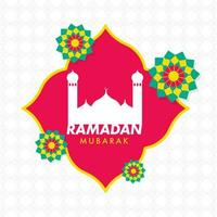 Ramadan Mubarak Text mit Silhouette Moschee, Blumen- auf Rosa und Weiß islamisch Muster Hintergrund. vektor