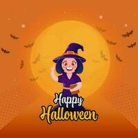 Aufkleber Stil glücklich Halloween Schriftart mit heiter Hexe halten Buch und fliegend Fledermäuse auf Orange Halbton Hintergrund. vektor