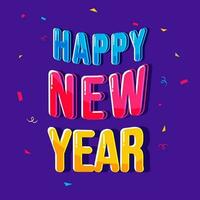 bunt glücklich Neu Jahr Schriftart mit Konfetti dekoriert auf lila Hintergrund. vektor