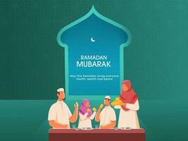 Illustration von Muslim Familie feiern iftar Party auf blaugrün Arabisch Muster Hintergrund zum Ramadan Mubarak. vektor