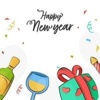 Lycklig ny år font med konfetti band, champagne flaska, dryck glas, gåva låda och fyrverkeri raket på vit bakgrund. vektor