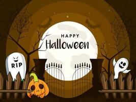 Lycklig halloween begrepp med skrämmande pumpa, rolig spöke på full måne brun kyrkogård eller skog bakgrund. vektor